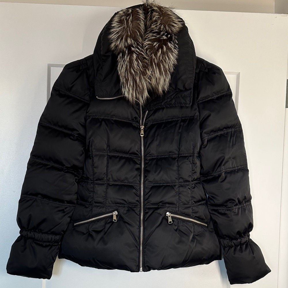 Andrew Marc Black Puffer Jacket with Silver fox detachable collar, Size M